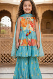 Girls Blue Floral Tiered Palazzo Set with Dupatta