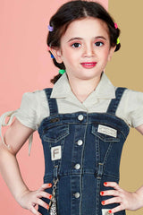 Cream Shirt With Blue Denim Dungaree Set For Girls