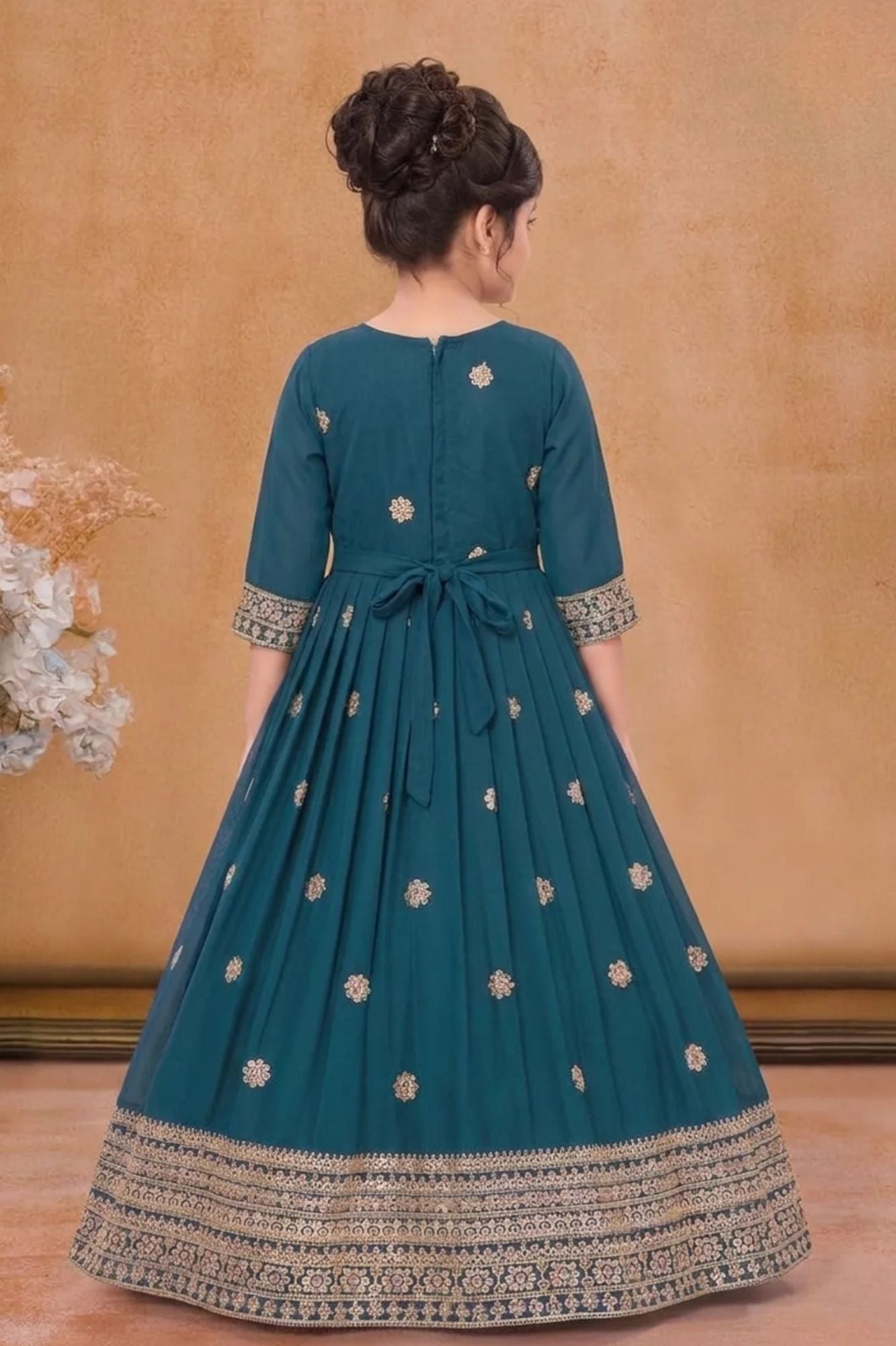 Teal Embroidered Anarkali Ethnic Gown with Dupatta For Girls