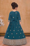 Teal Embroidered Anarkali Ethnic Gown with Dupatta For Girls