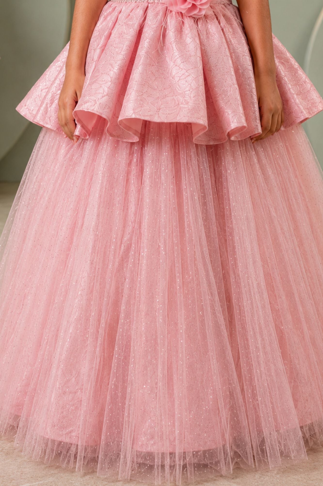 Girls Pink Layered Ball Gown with Feather Sleeves and Floral Accent
