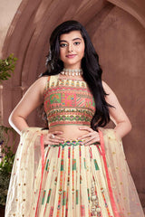 Cream Printed Sequin And Embroidered Lehenga Choli For Girls