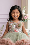 Girls Sage Green And Blush Pink Floral Party Frock With Ruffle High-Low Hem