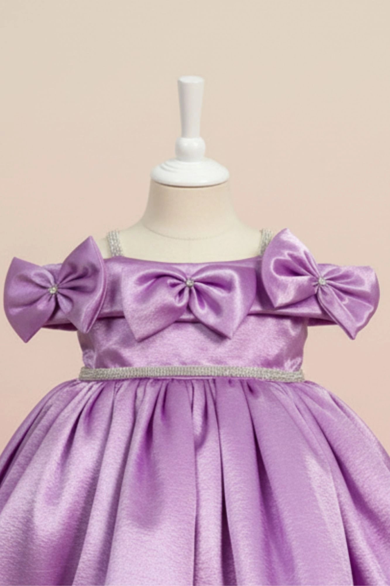 Purple Party Wear Frock with Shoulder Bows and Crystal Belt For Girls