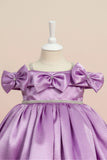 Purple Party Wear Frock with Shoulder Bows and Crystal Belt For Girls