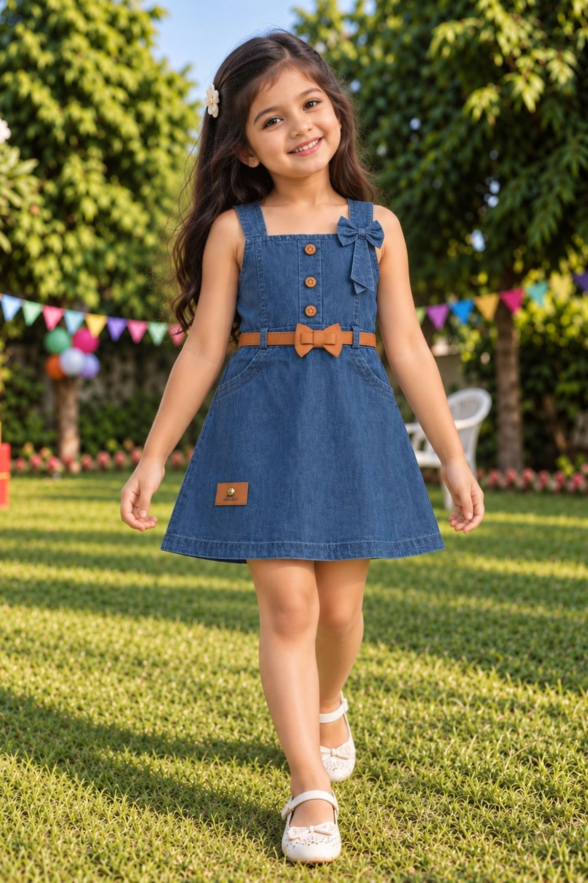 Girls Denim Blue Sleeveless Bow Detail Dress