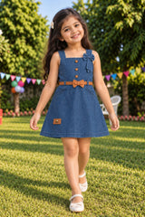 Girls Denim Blue Sleeveless Bow Detail Dress
