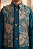 Boys Blue Floral Embroidered Kurta Set With Nehru Jacket