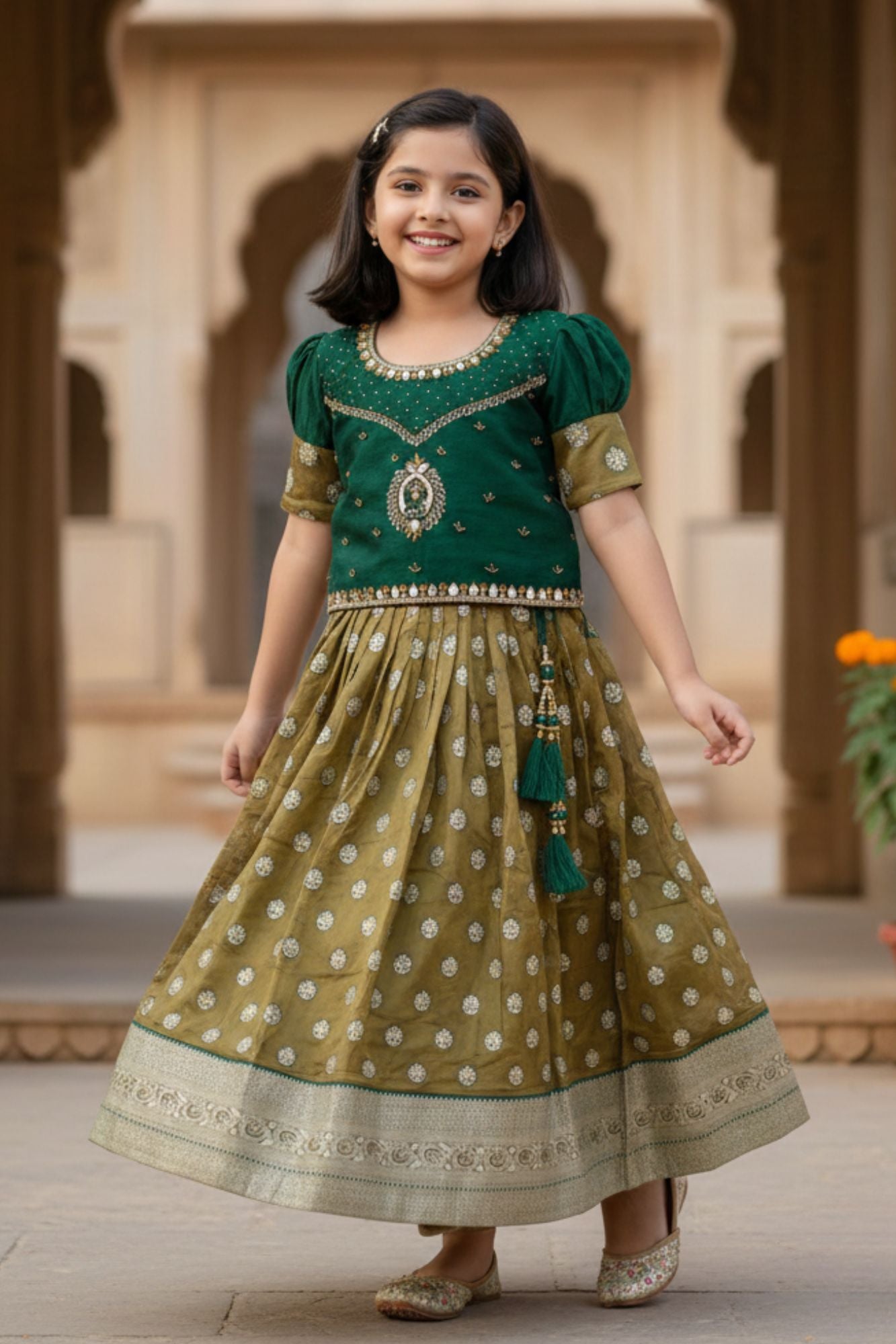 Bottle Green Mirror Embroidered Silk Pattu Pavadai For Girls