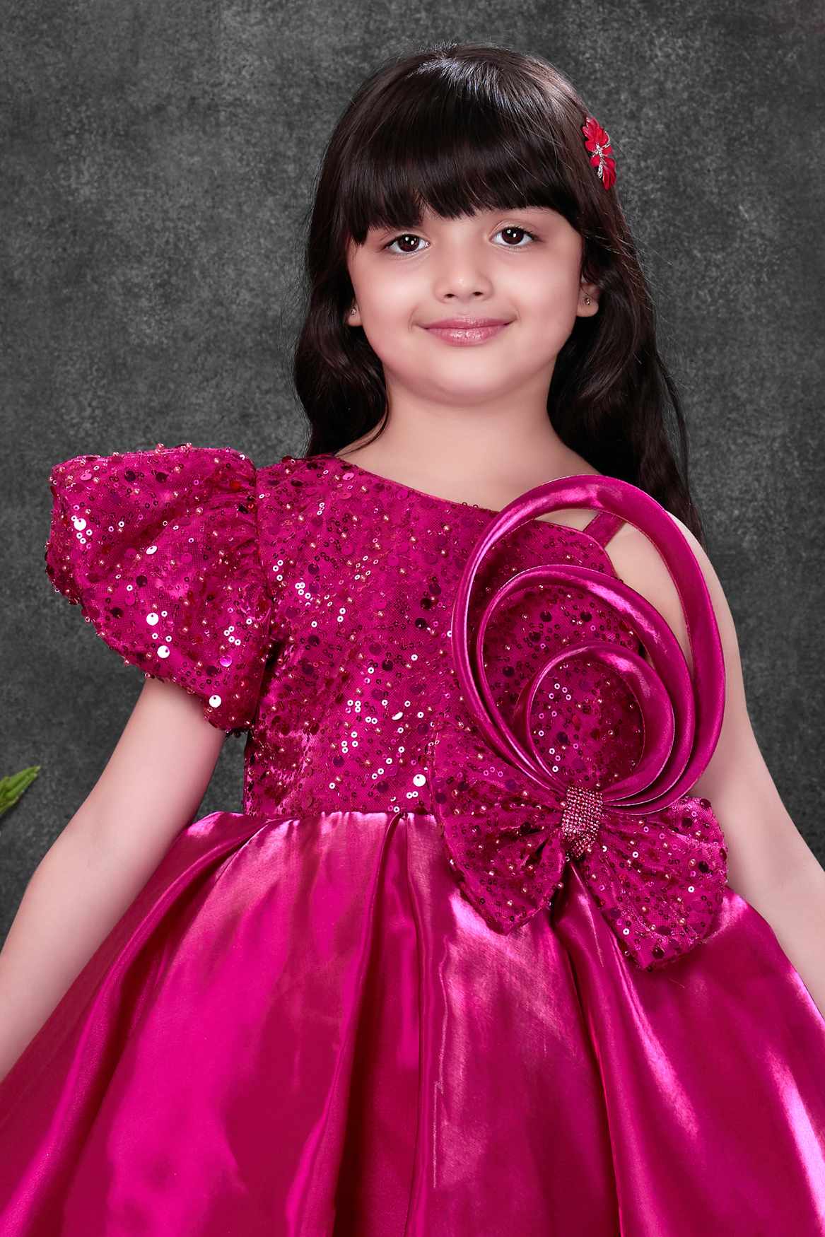Rani Pink Sequin Party Wear Frock with Asymmetrical Flared Skirt For Girls