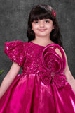 Rani Pink Sequin Party Wear Frock with Asymmetrical Flared Skirt For Girls
