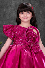 Rani Pink Sequin Party Wear Frock with Asymmetrical Flared Skirt For Girls