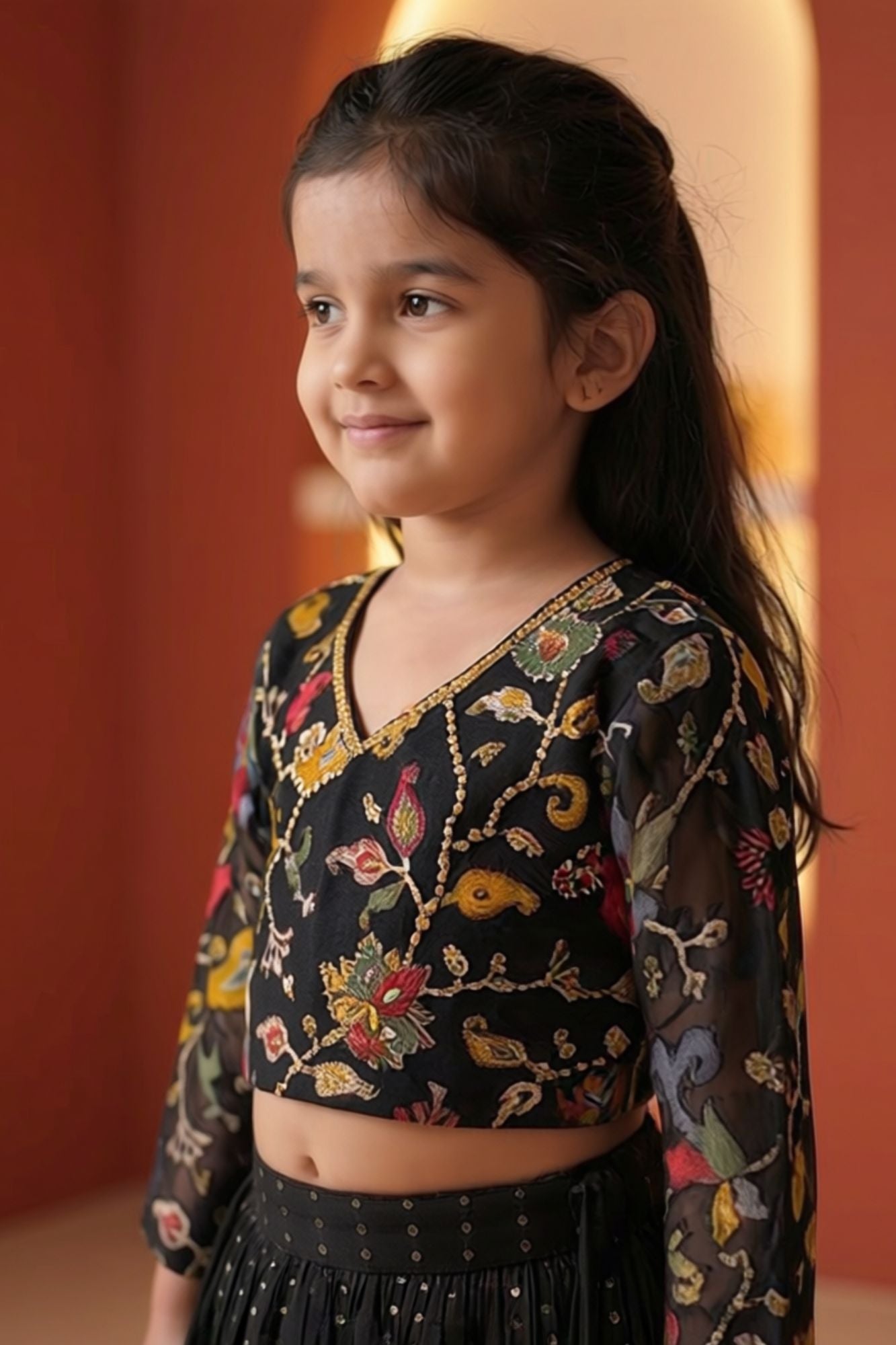 Girls Black Embroidered Lehenga Choli Set with Sheer Sleeves