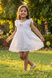 Adorable Girls White Lace Detail A-Line Dress with Ruffle Sleeves