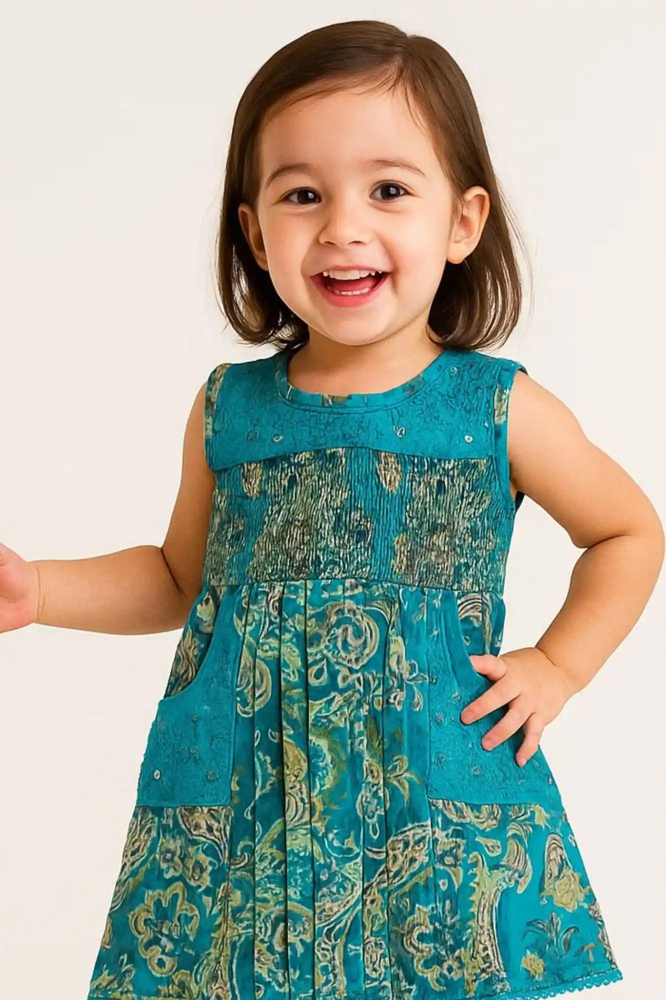 Blue Floral Print Sequin Embroidered Dress For Girls