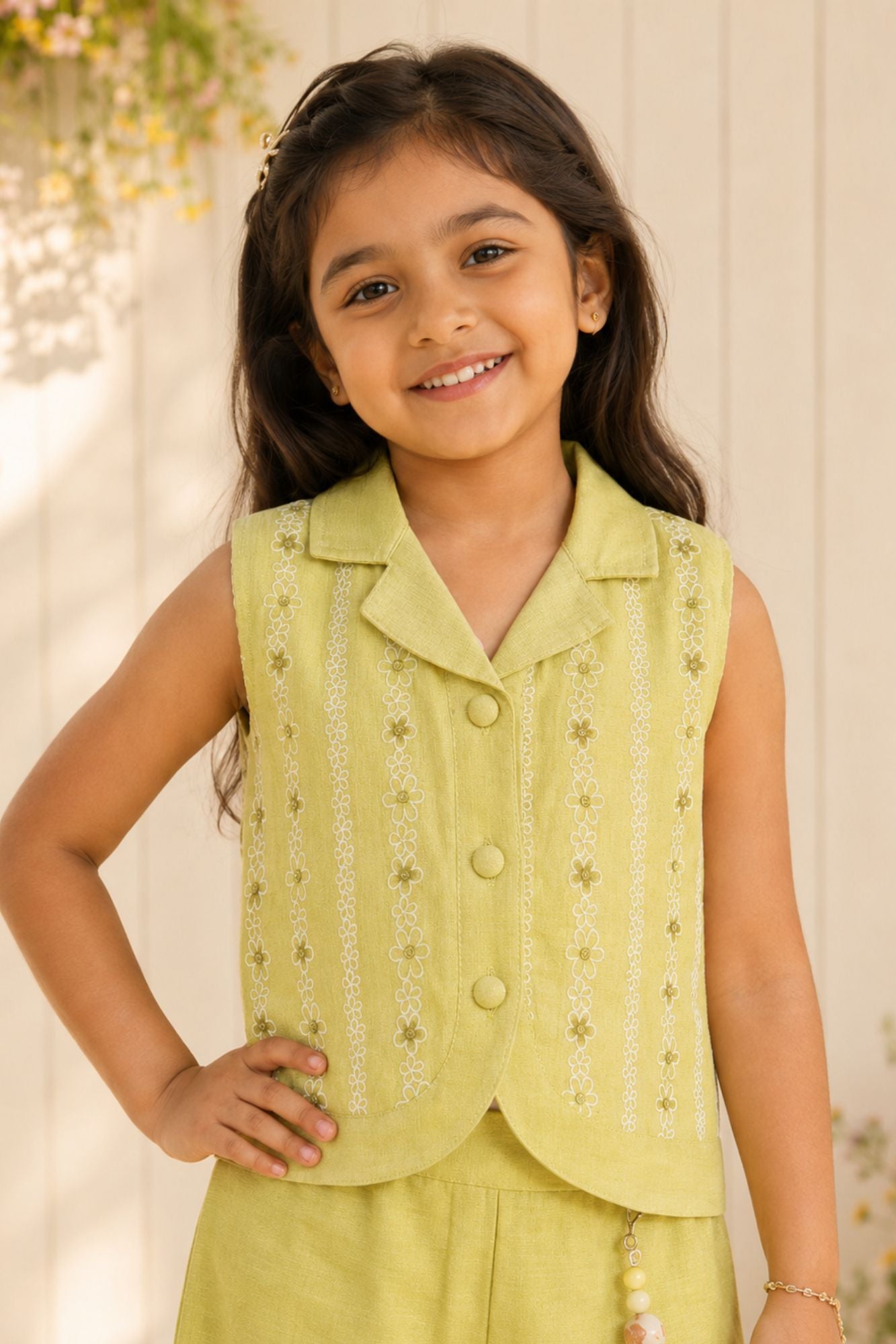 Lime Green  Waistcoat Top & Wide-Leg Co-Ord Set