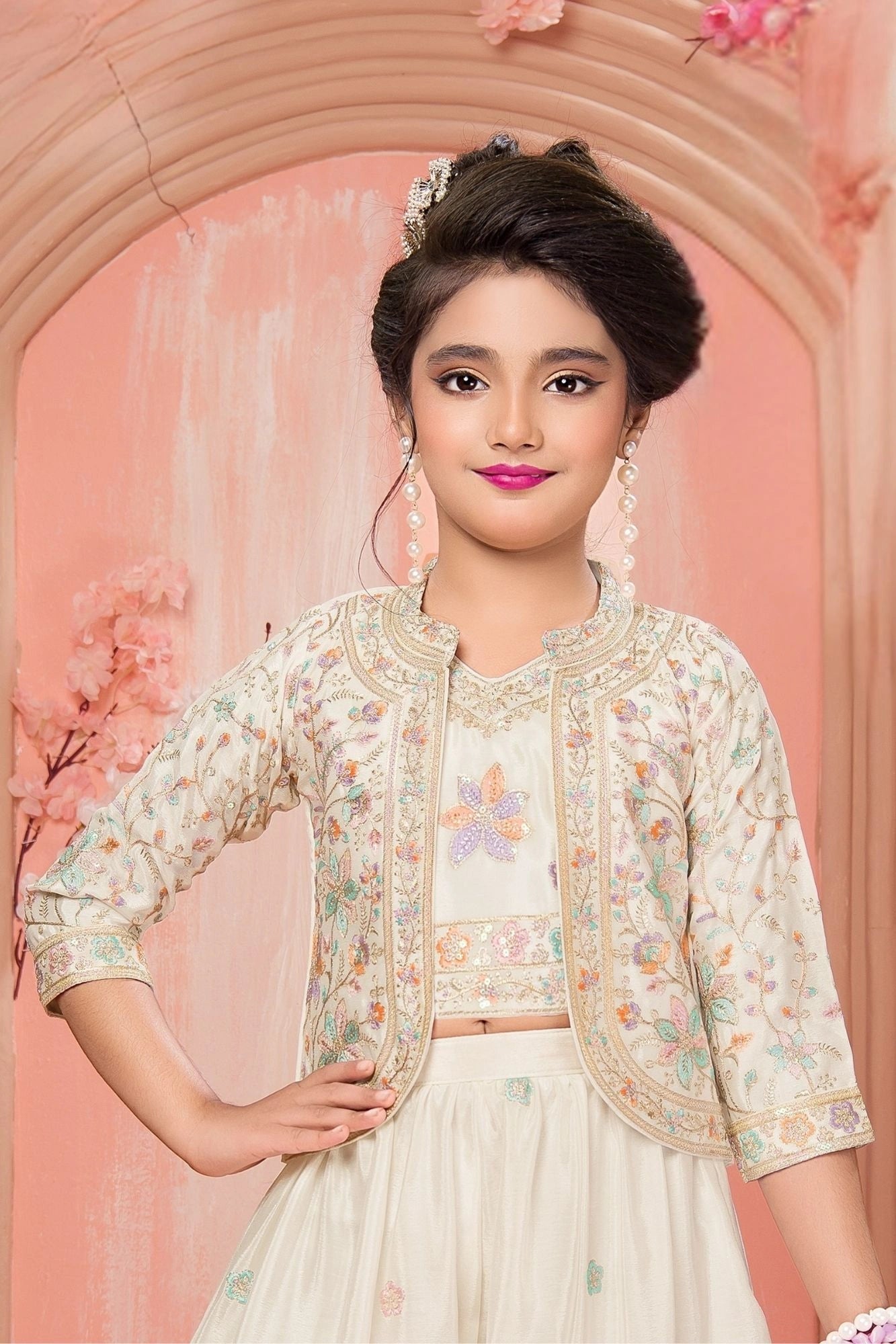 Cream Embroidered 3-Piece Palazzo Set for Girls