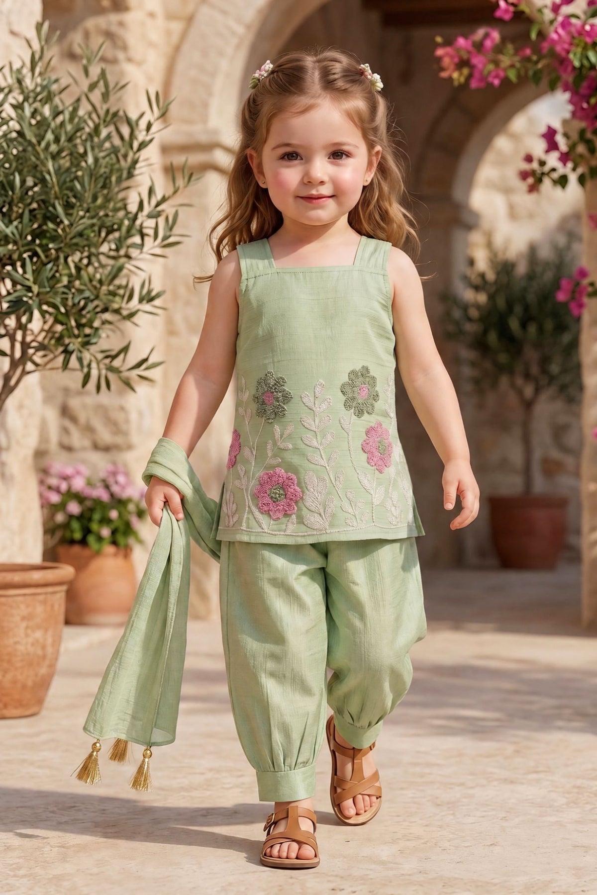 Girls Green With Pink Floral Embroidered Patiala Set