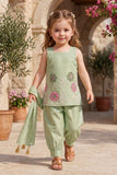 Girls Green With Pink Floral Embroidered Patiala Set