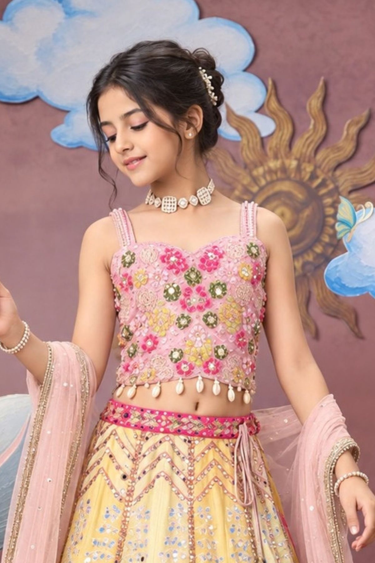 Girls Pink & Gold Floral Mirror Work Embellished Lehenga Choli Set