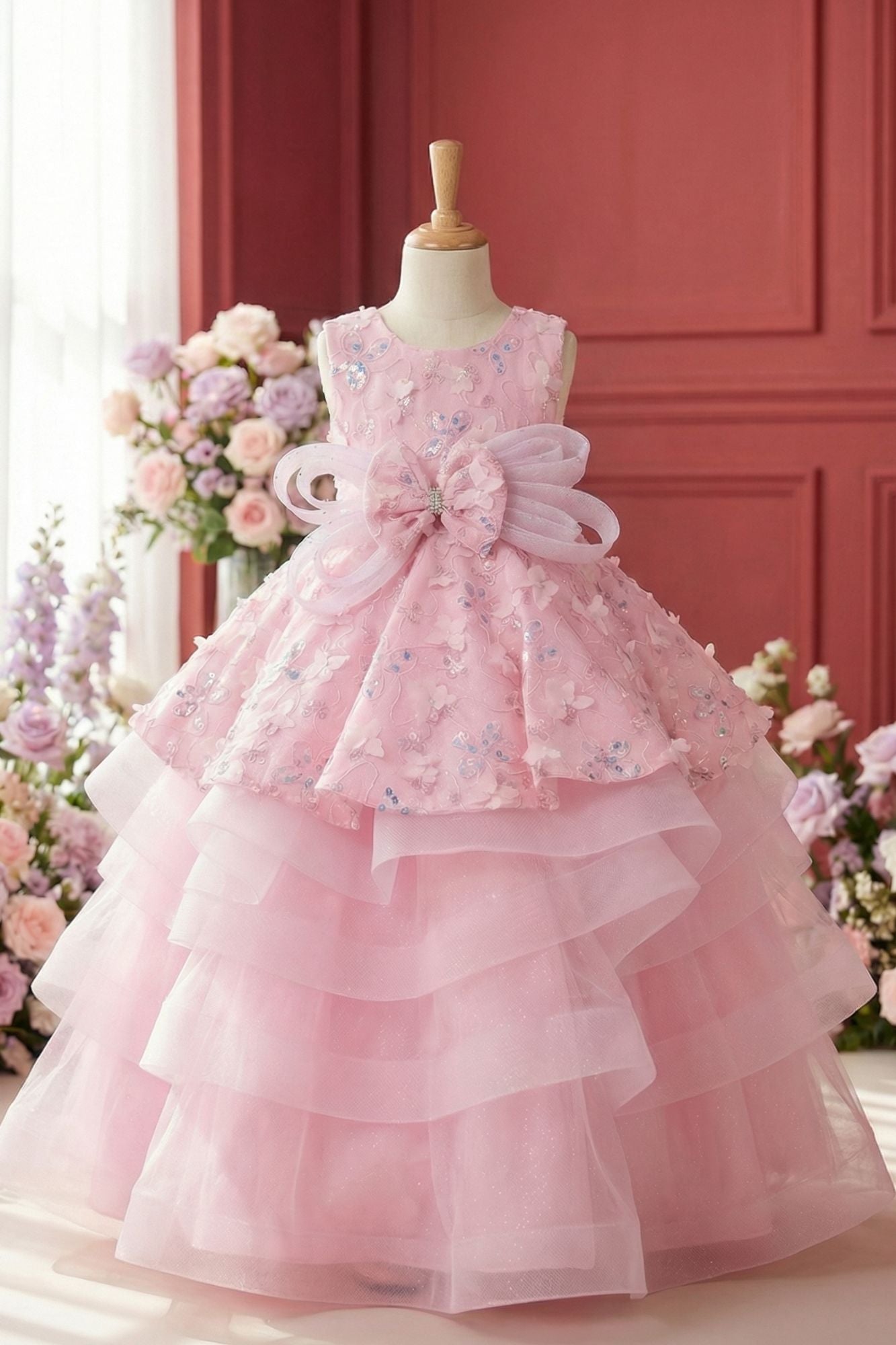 Girls Pink Layered Party Wear Gown with Floral Embroidery And Statement Bow