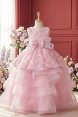 Girls Pink Layered Party Wear Gown with Floral Embroidery And Statement Bow