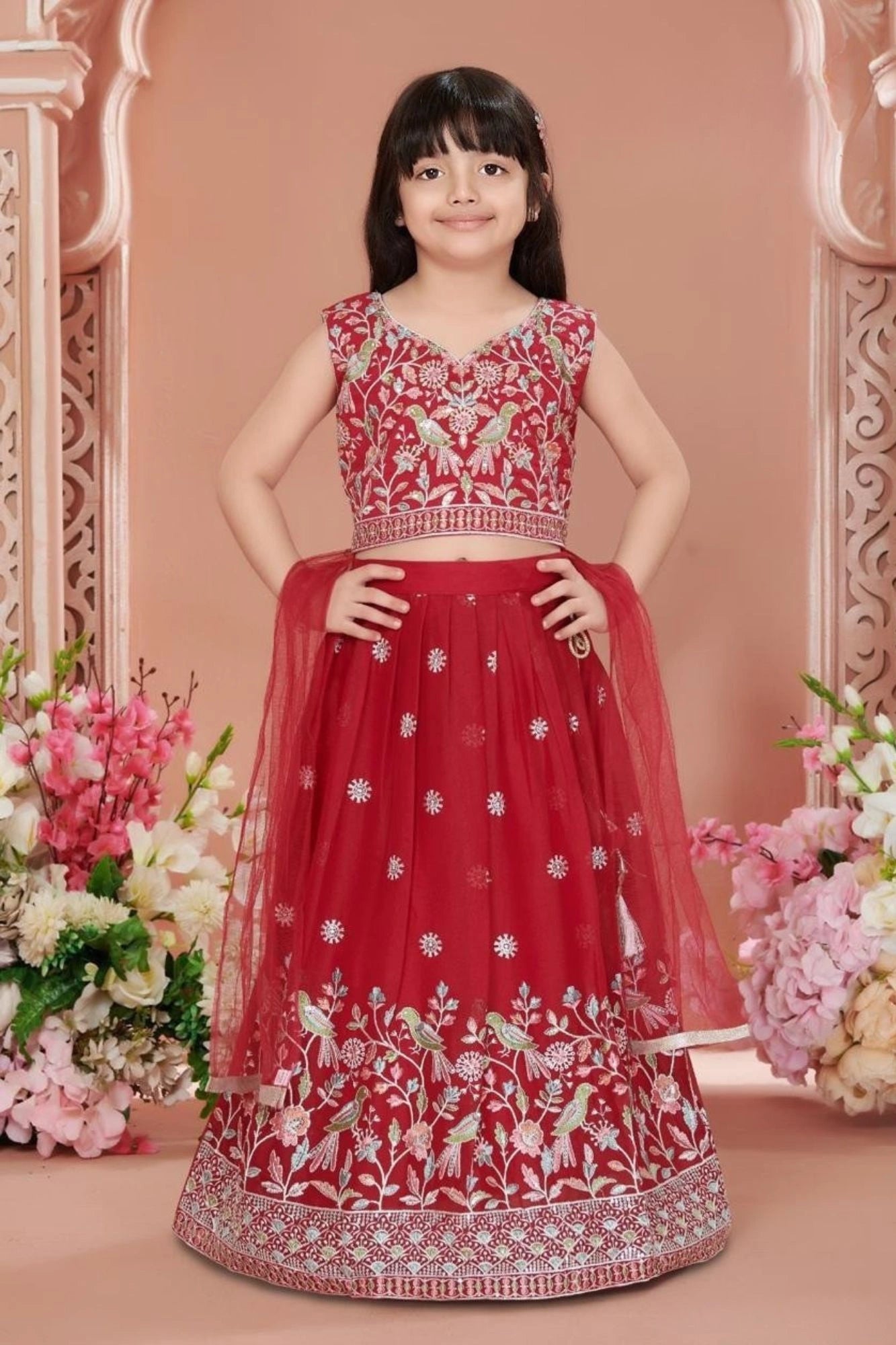 Red Embroidered Lehenga Choli with Dupatta For Girls