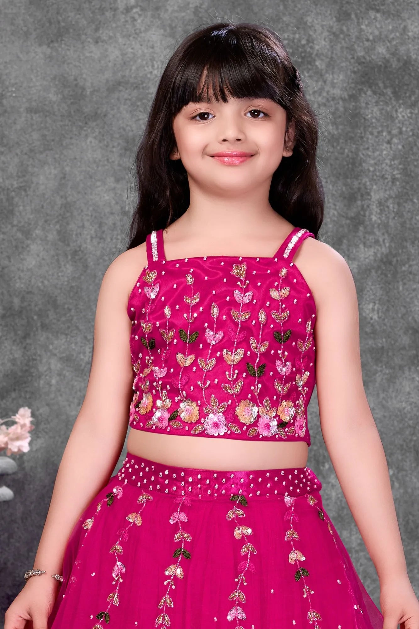 Rani Pink Embroidered Lehenga Choli Set For Girls