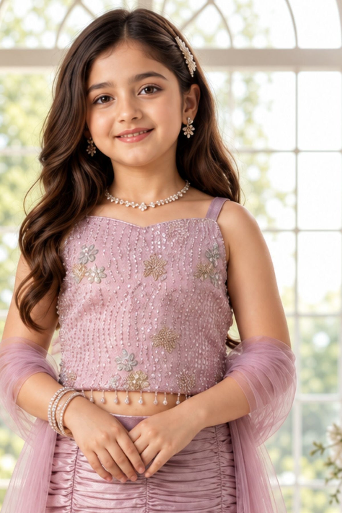 Pastel Pink Sequin Embellished Mermaid Lehenga Set For Girls