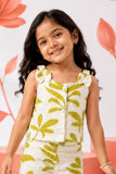 Girls White And Green Floral Printed Co-Ord Set with Sleeveless Bow Strap Top And Flared Pants