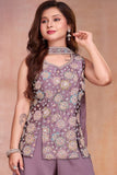 Girls Mauve Multicolour Floral Sequin Embroidered Sleeveless Palazzo Set With Dupatta