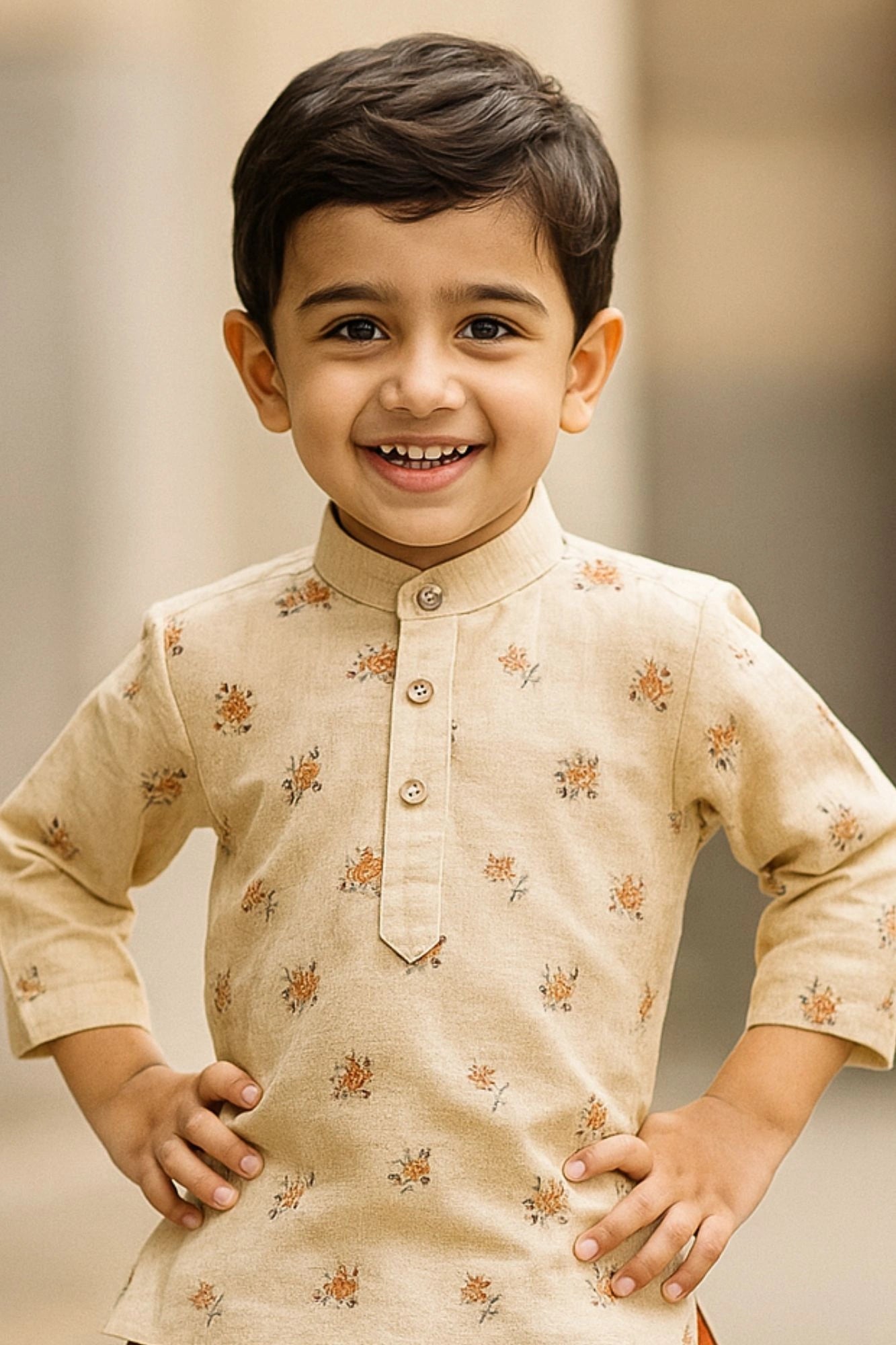 Cream and Rust Orange Printed Kurta with Dhoti Set For Boys
