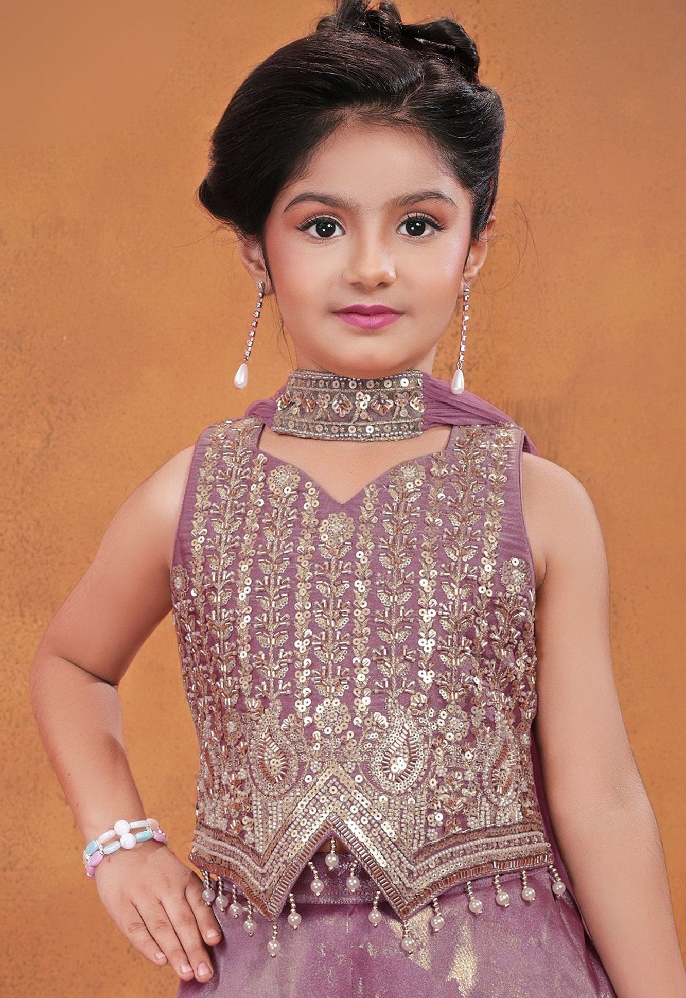 Girls Lavender Embroidered Palazzo Set With Dupatta