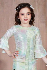 Green Bell Sleeves With Floral And Stone Embellished Dress For Girls