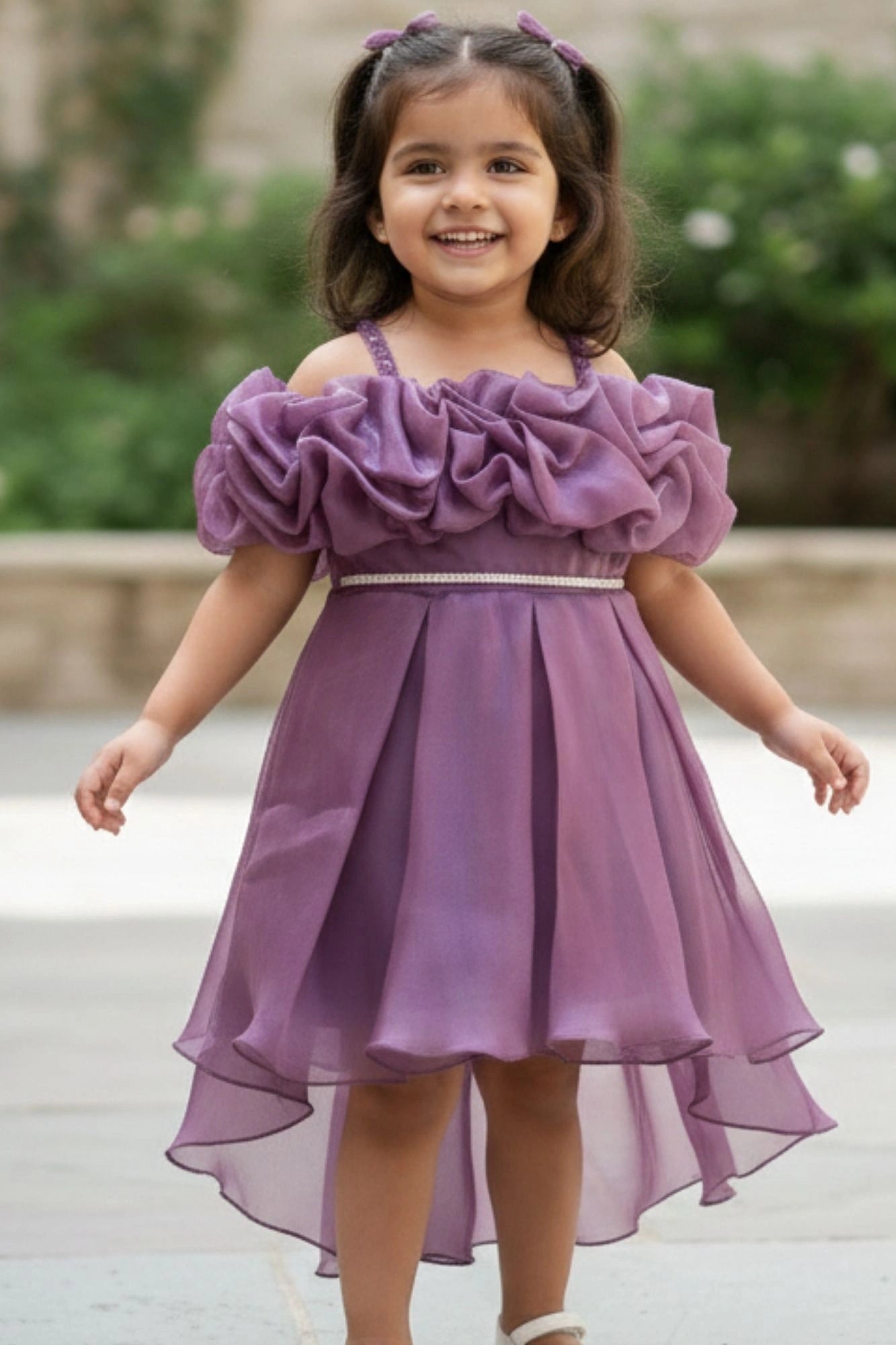 Purple Ruffle Layered Party Wear Frock With Shimmer Strap For Girls