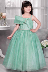 Green Sleeveless And Bow Embellishment With Stone Worked Gown For Girls