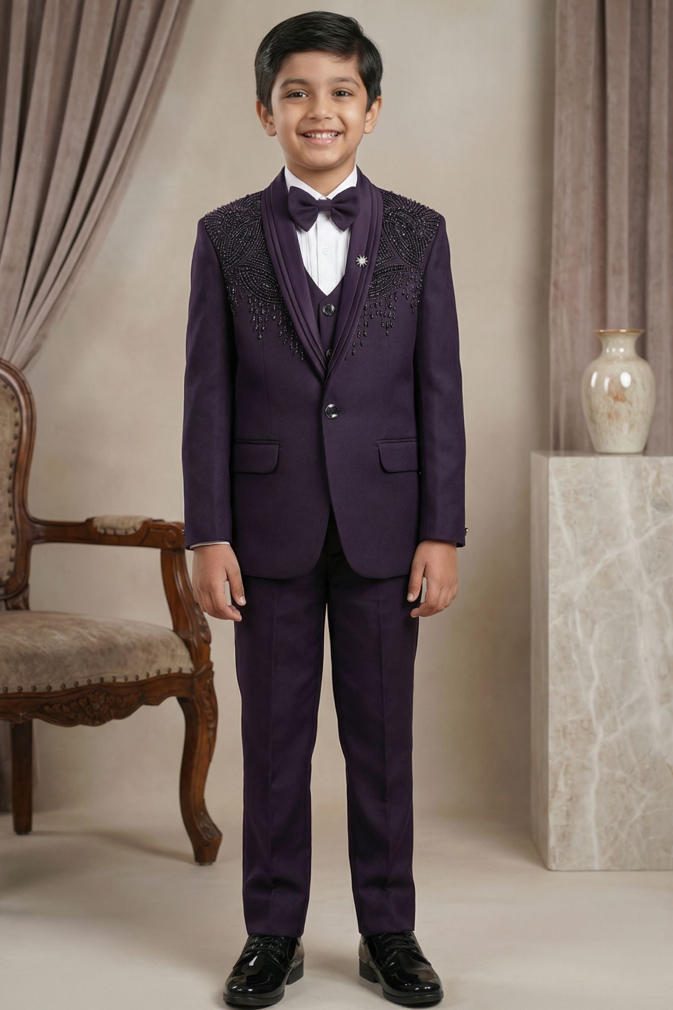 Purple Embroidered 5-Piece Suit Set For Boys
