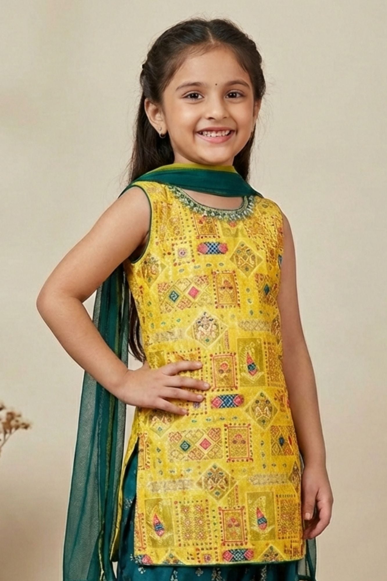 Yellow Kurti With Green Patiala Suit Set For Girls