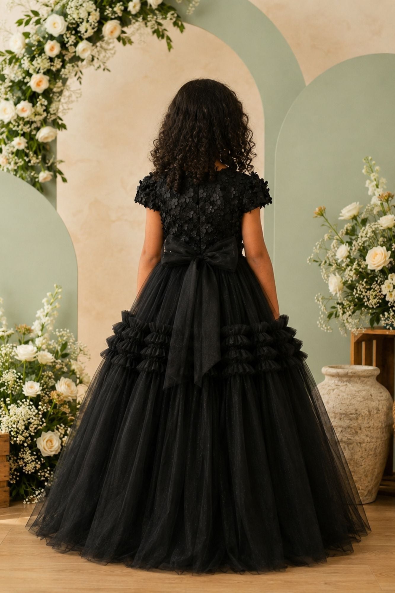 Girls Black Floral Embellished Layered Net Ball Gown