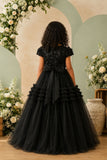 Girls Black Floral Embellished Layered Net Ball Gown