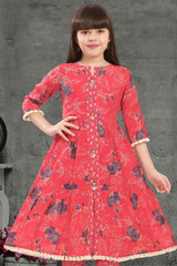 Dark Peach Floral Printed And Sequins Work Kurta With Pant Set For Girls