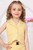 Trendy Lemon Yellow Sleeveless Jacket And Pant Co Ord Set For Girls