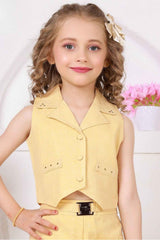 Trendy Lemon Yellow Sleeveless Jacket And Pant Co Ord Set For Girls