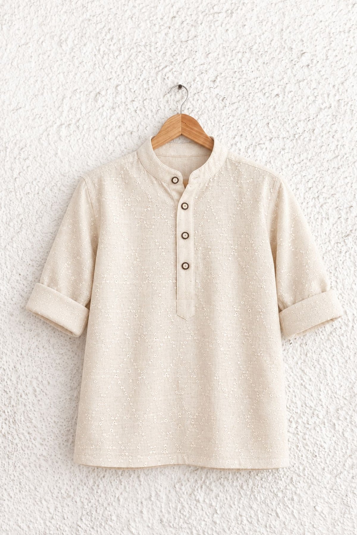 Fawn Geometric Thread Embroidered Pure Linen Kurta