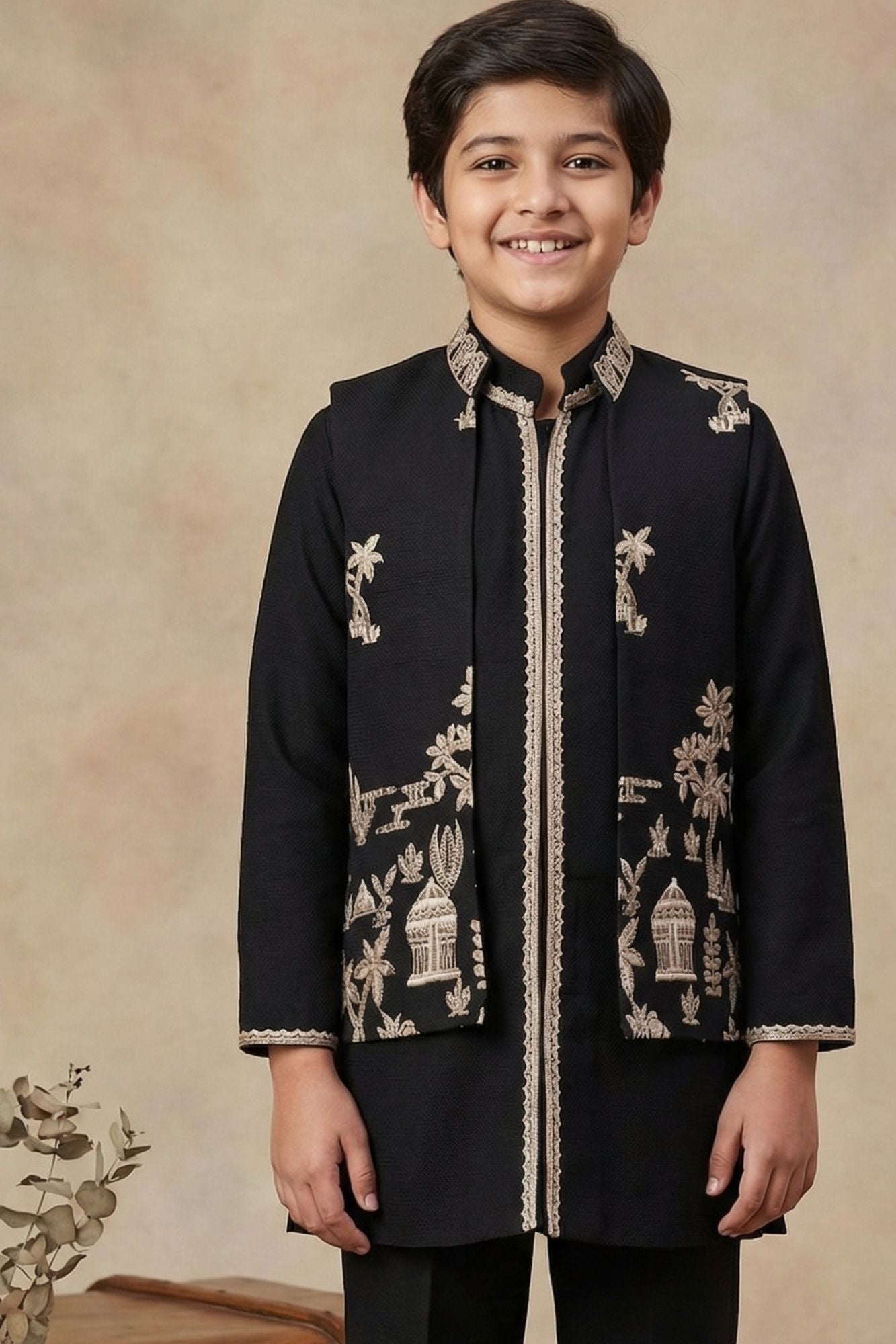 Black Heritage Embroidered Kurta Set with Jacket For Boys