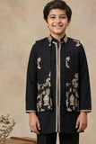 Black Heritage Embroidered Kurta Set with Jacket For Boys