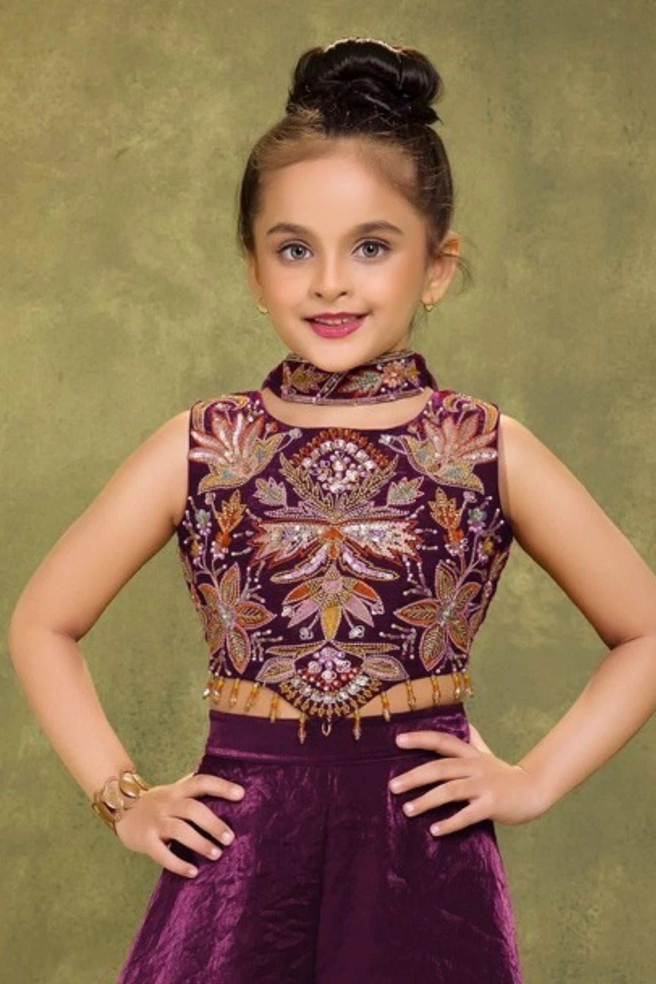 Plum Purple Embroidered Palazzo Set For Girls