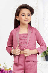 Onion Pink Casual Co Ord Set With Overcoat For Girls