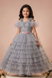 Girls Grey Layered Net Party Wear Gown with Off-Shoulder Ruffle Detailing