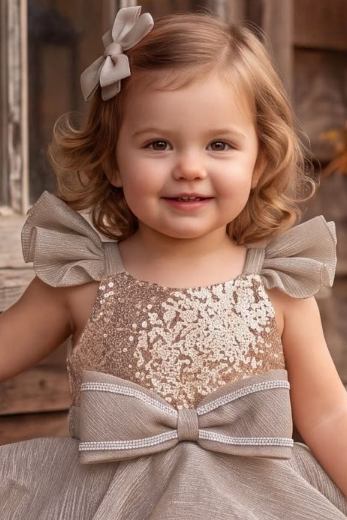 Girls Grey Sequin Layered Party Frock With Bow Detailing